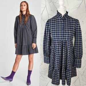 Zara Navy Plaid Checks High Neck Tiered Dress